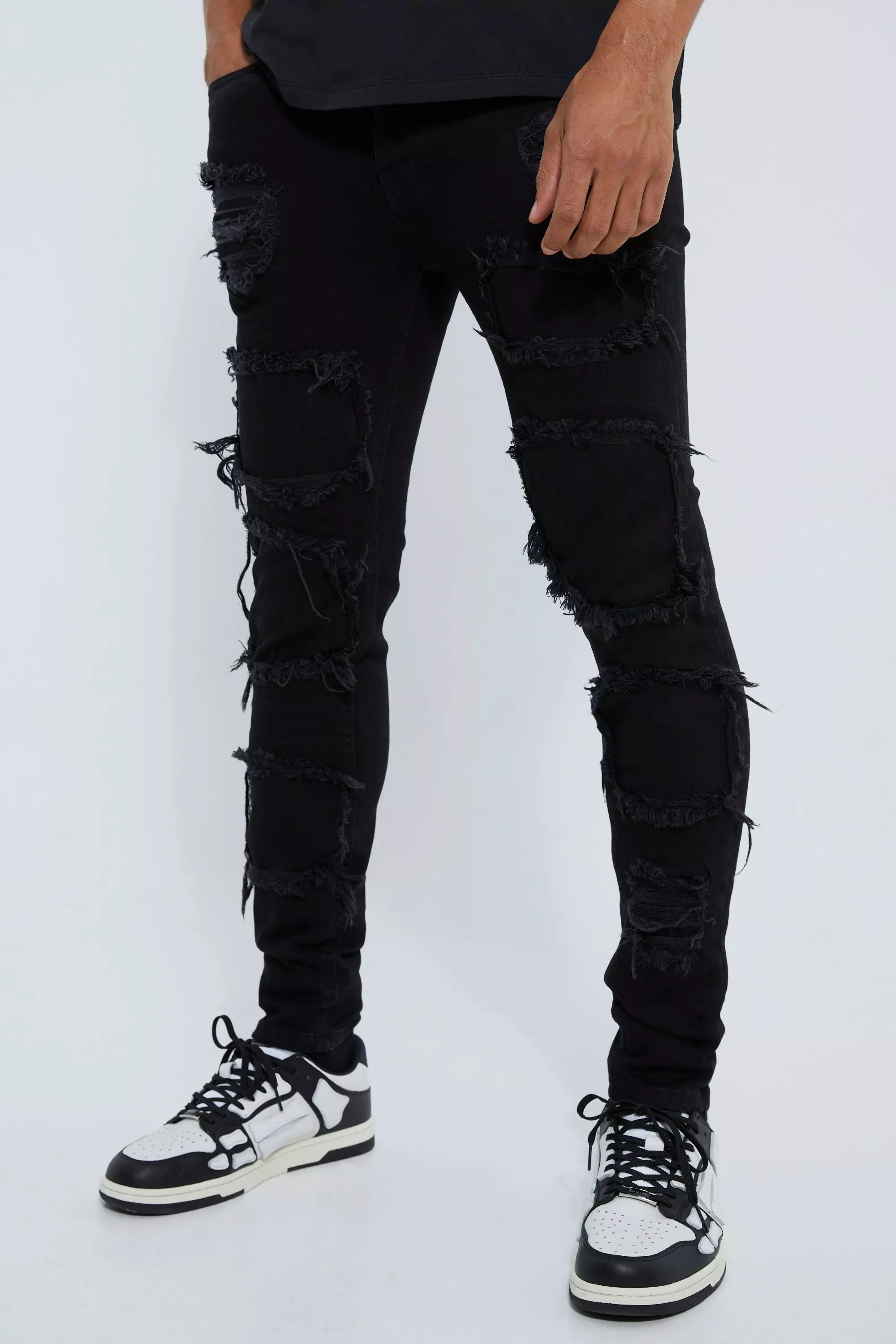 Mens skinny jeans ripped sales black